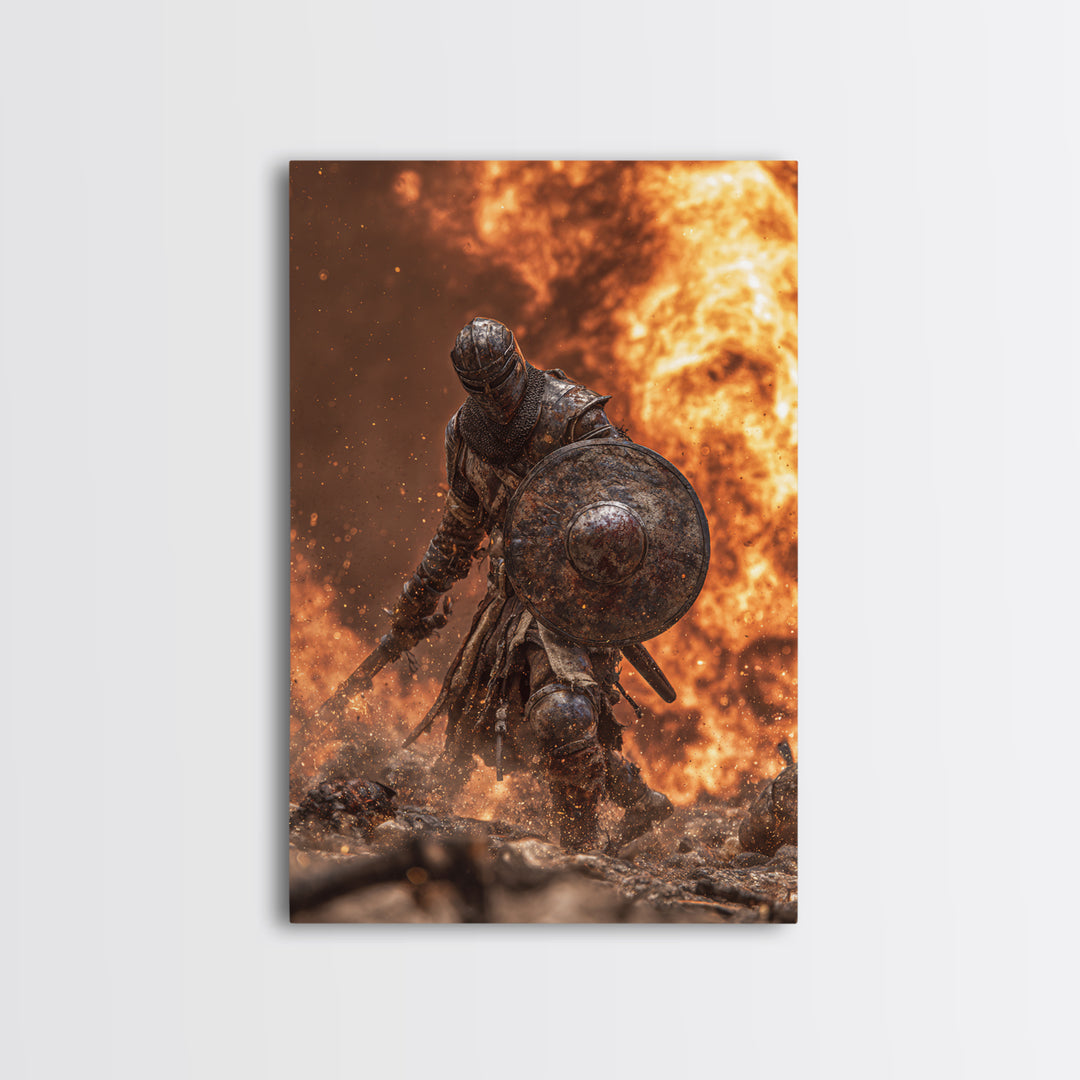 Armored Knight In Fiery Battle Framed Canvas Print, Dark Fantasy Wall Art, Medieval Warrior Decor, Gaming Room Gift For Him