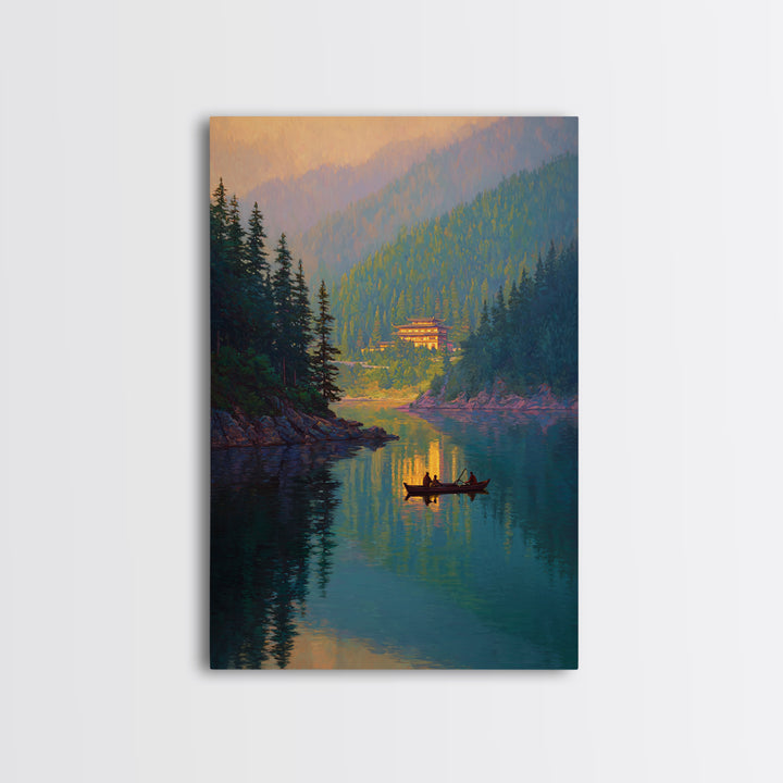 Serene Mountain Lake Landscape With Canoe Reflection Wall Art For Living Room Decor