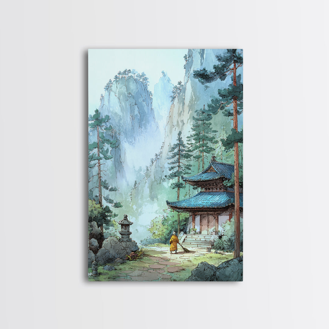 Serene Asian Temple Landscape With Misty Mountains And Lush Trees Wall Art Framed Canvas Print For Home Decor