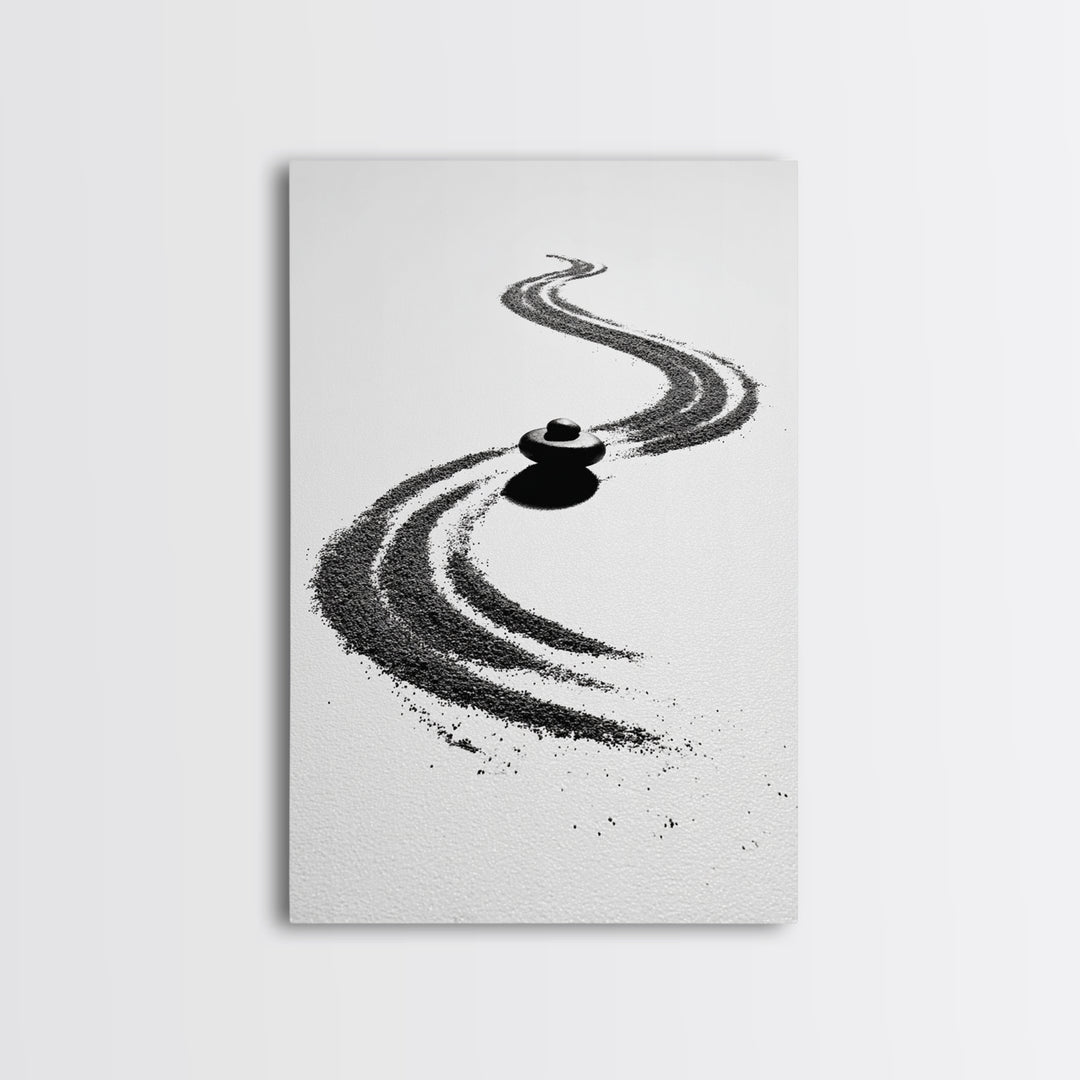 Zen Inspired Minimalist Sand And Stone Artwork Black And White Canvas Print For Modern Meditation Room Wall Art