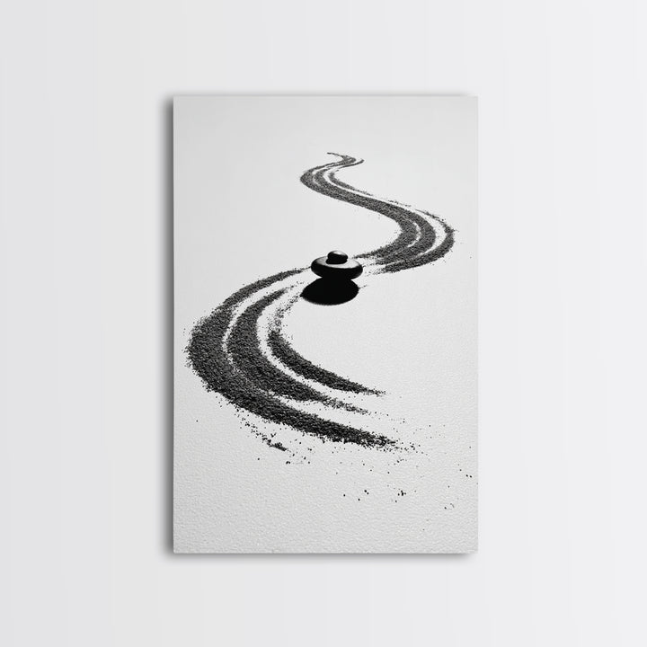 Zen Inspired Minimalist Sand And Stone Artwork Black And White Canvas Print For Modern Meditation Room Wall Art