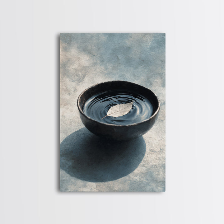 Minimalist Zen Black Bowl With Leaf Floating On Water Ripple Texture Wall Art Framed Canvas Print For Peaceful Home Decor