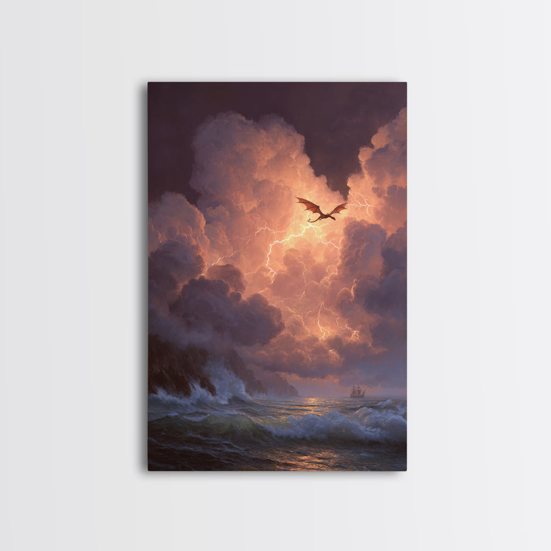 Storm Dragon Over Lightning Seas Wall Art Fantasy Seascape Canvas Print For Gothic Decor Dragon Art And Moody Coastal Room