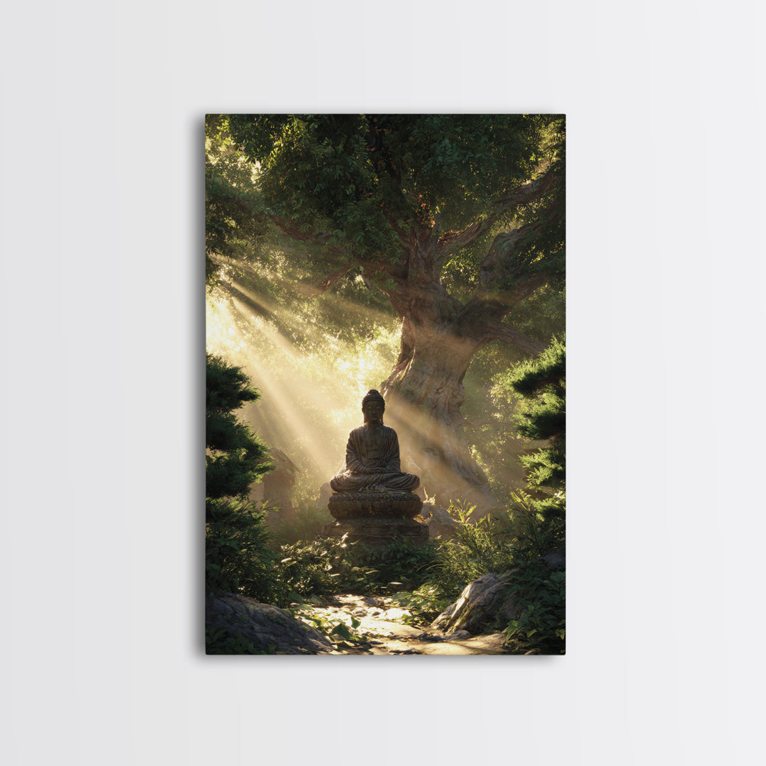 Buddha Statue Meditation Nature Sunbeams Forest Wall Art Canvas Print For Spiritual Home Decor Framed Art