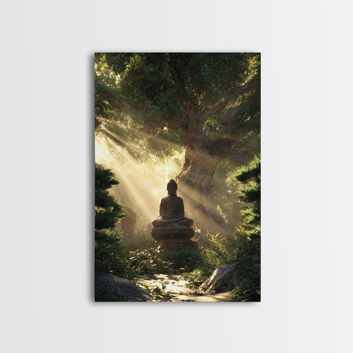 Buddha Statue Meditation Nature Sunbeams Forest Wall Art Canvas Print For Spiritual Home Decor Framed Art