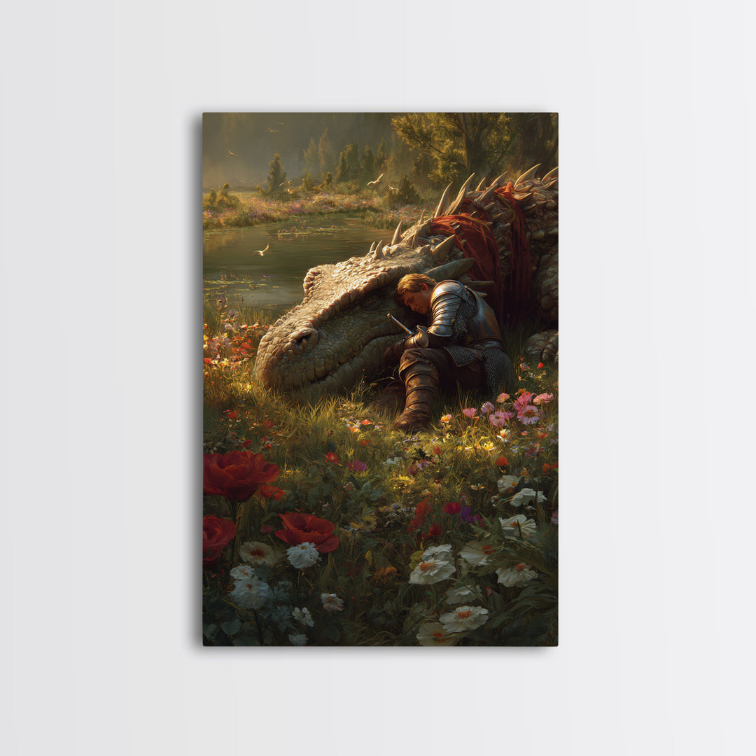 Sleeping Knight Beside Ancient Dragon Wall Art Fantasy Floral Meadow Canvas Print For Medieval Home Decor And Gift For Her