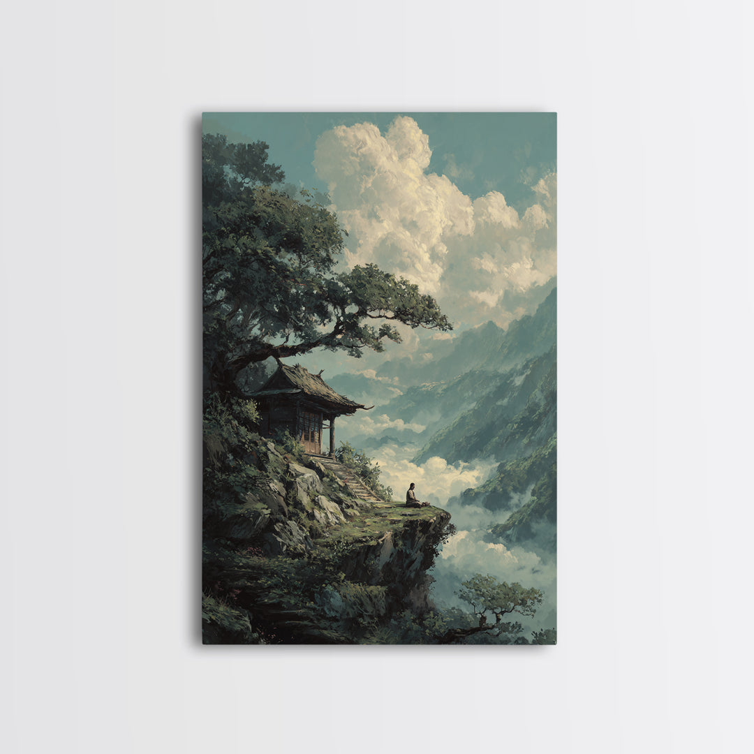 Tranquil Mountain Meditation Scene With Zen Garden Framed Canvas Print For Spiritual And Modern Home Wall Art Decor