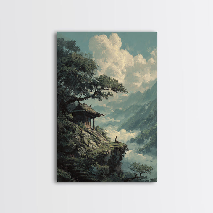 Tranquil Mountain Meditation Scene With Zen Garden Framed Canvas Print For Spiritual And Modern Home Wall Art Decor