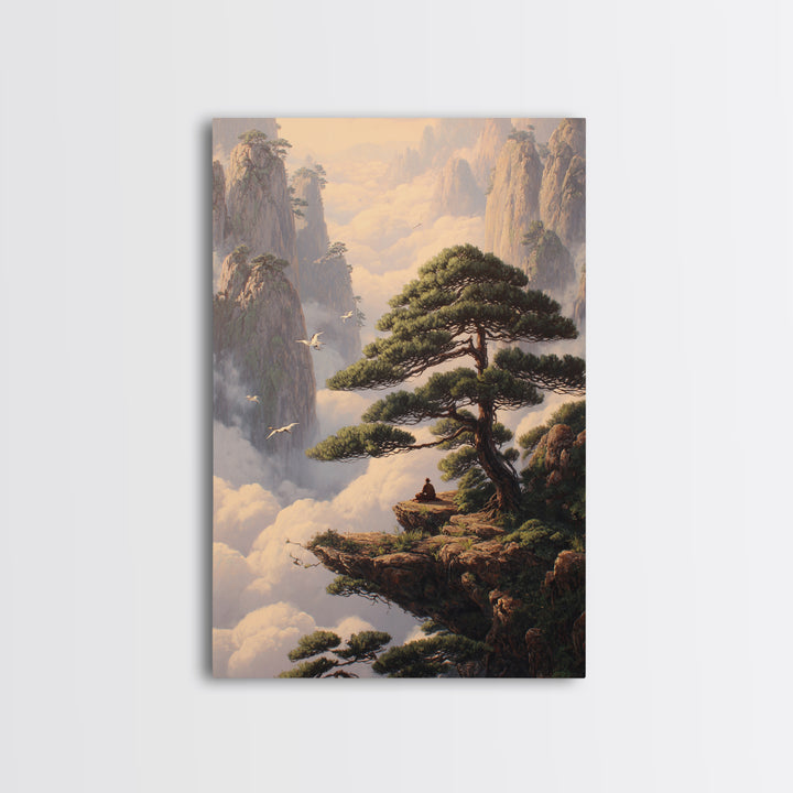 Meditative Man On Cliff Surrounded By Pines And Birds In Misty Mountains Wall Art Print For Tranquil Home Decor