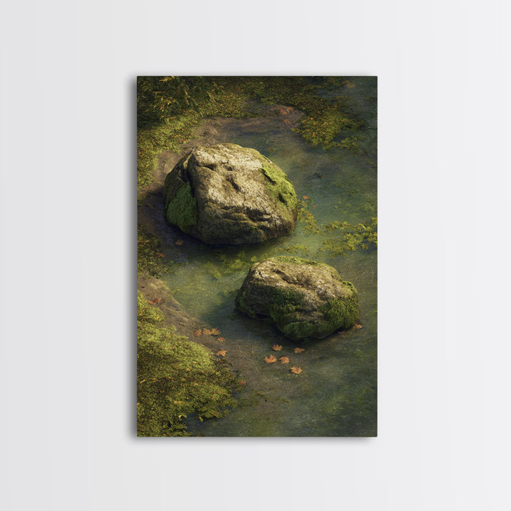 Peaceful Moss Covered Rocks In Quiet Woodland Stream Nature Wall Art Canvas Print For Calming Home Decor