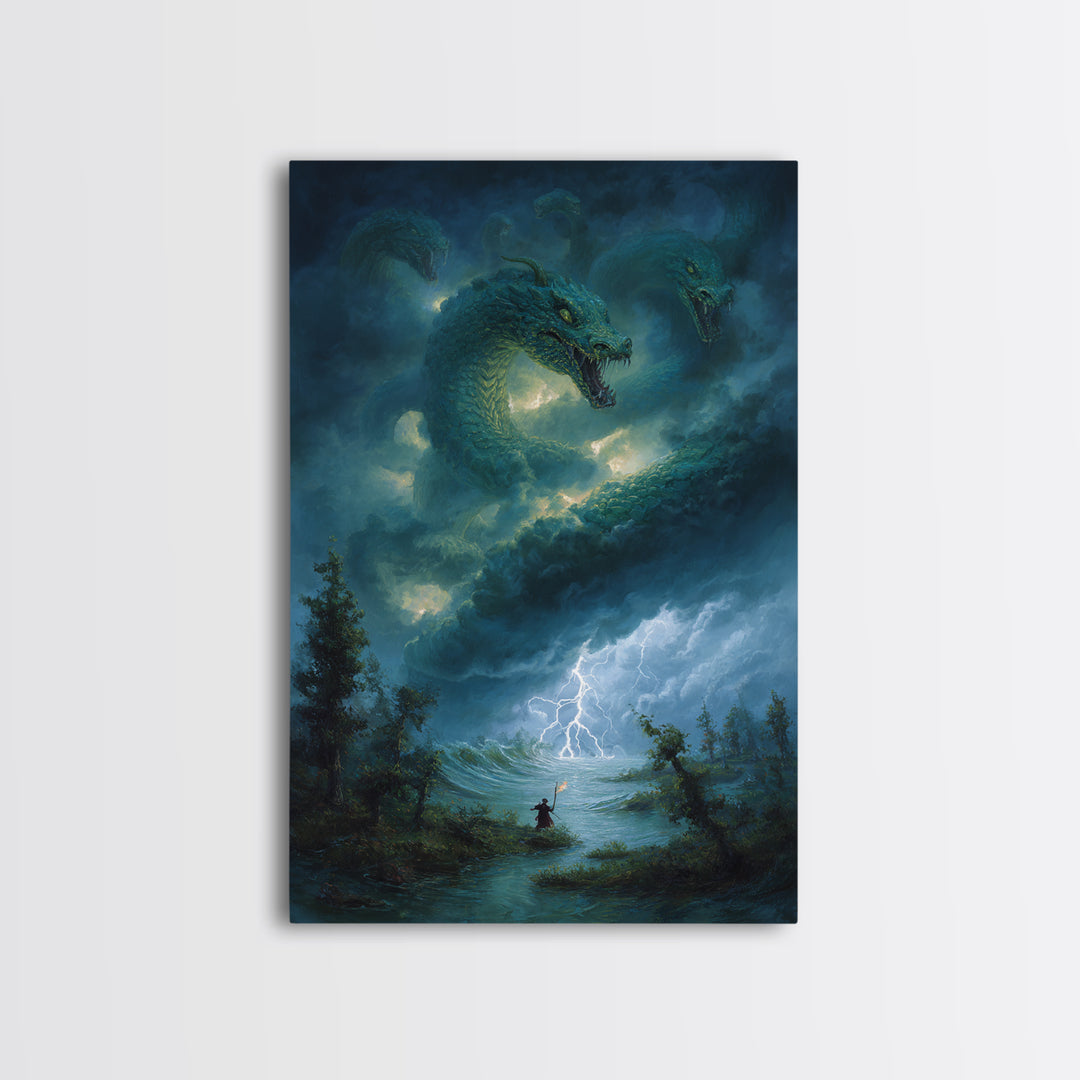 Three Headed Sea Hydra Storm Wall Art Fantasy Dragon Canvas Print For Gothic Decor Mythical Creature And Moody Office Art