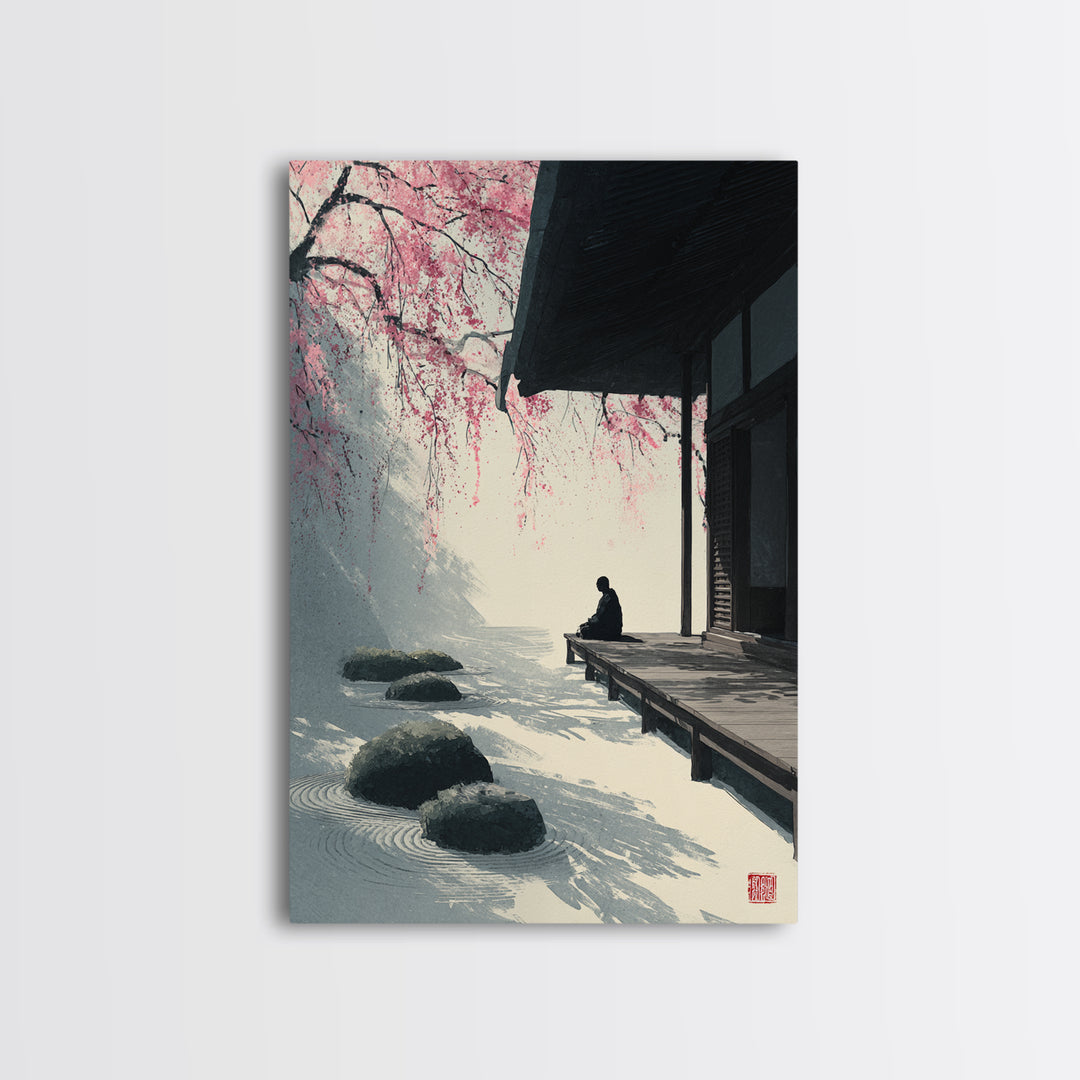 Zen Garden With Meditating Figure And Sakura Blossoms Tranquil Wall Art Framed Canvas Print