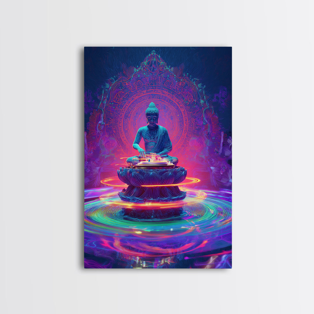Vibrant Neon Buddha With Sacred Mandala And Energy Rings Wall Art Print Framed Canvas Print Spiritual Home Decor