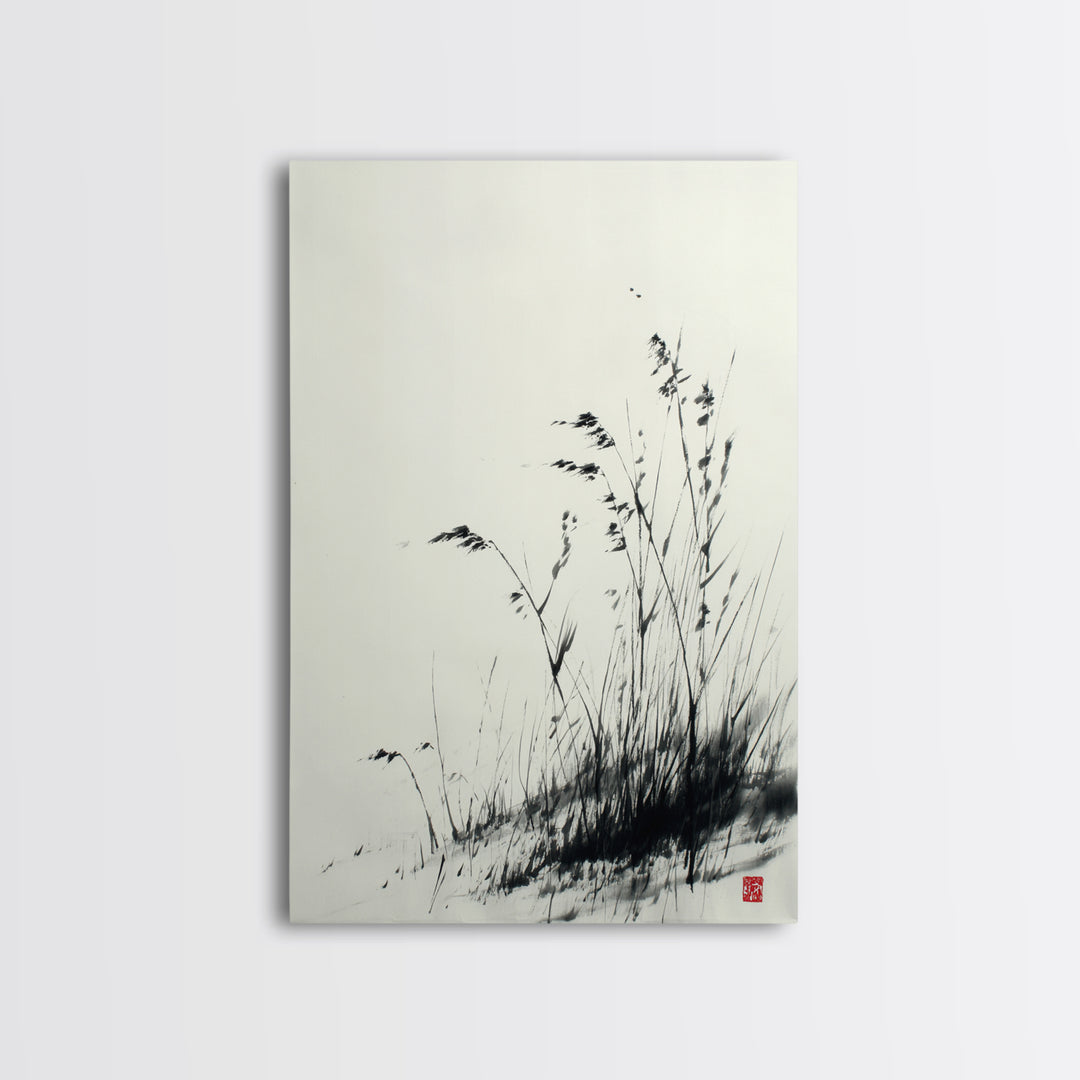 Elegant Black And White Ink Painting Of Windblown Grass Minimalist Wall Art Framed Canvas Print Natural Home Decor