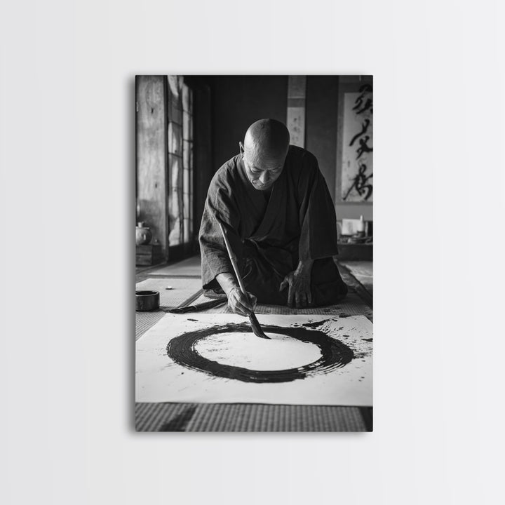 Black And White Fine Art Photography Of Japanese Calligraphy Artist Painting Circle Wall Art Framed Canvas Print