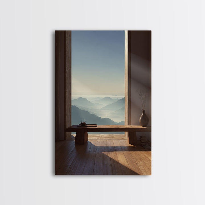 Serene Mountain Landscape from Window View Wall Art Canvas Print for Calm Minimalist Home and Office Decor