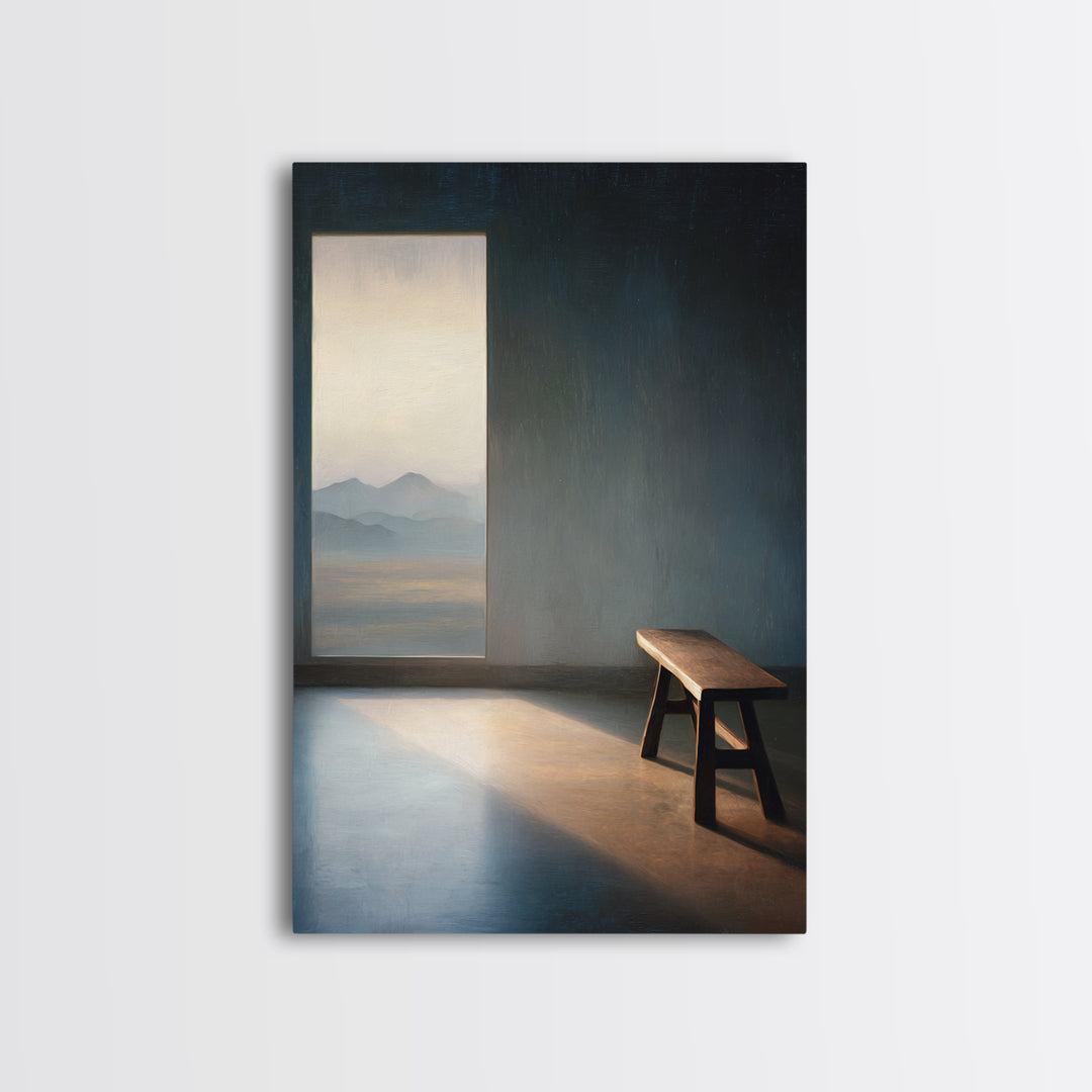 Peaceful Empty Room With Wooden Bench And Mountain View Window Oil Painting Wall Art Print Canvas Print For Minimalist Home Decor