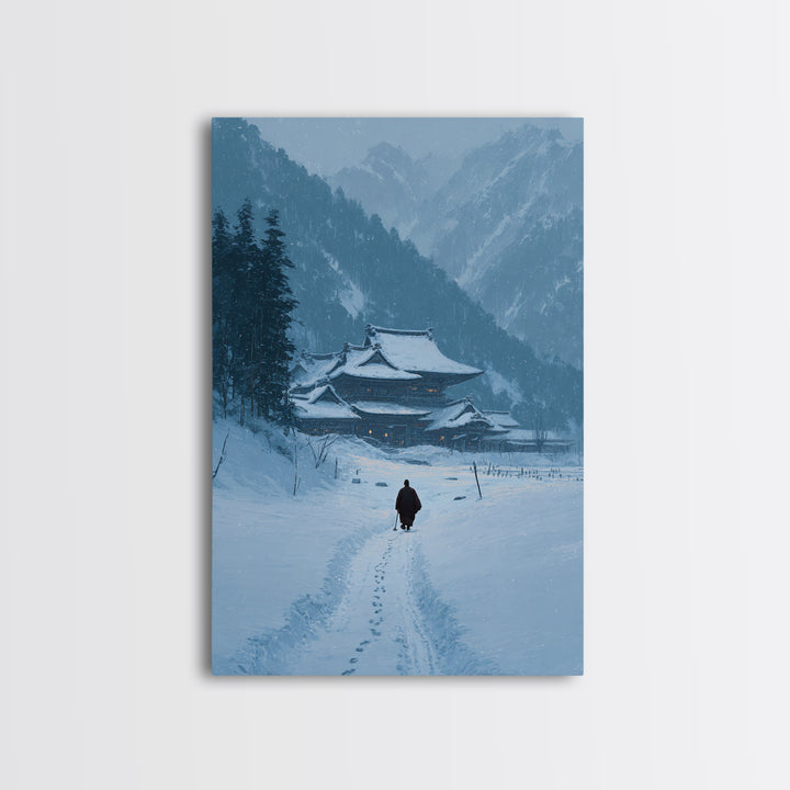 Serene Japanese Winter Landscape With Snow Covered Temple And Monk Pathway Wall Art Canvas Print For Home Decor