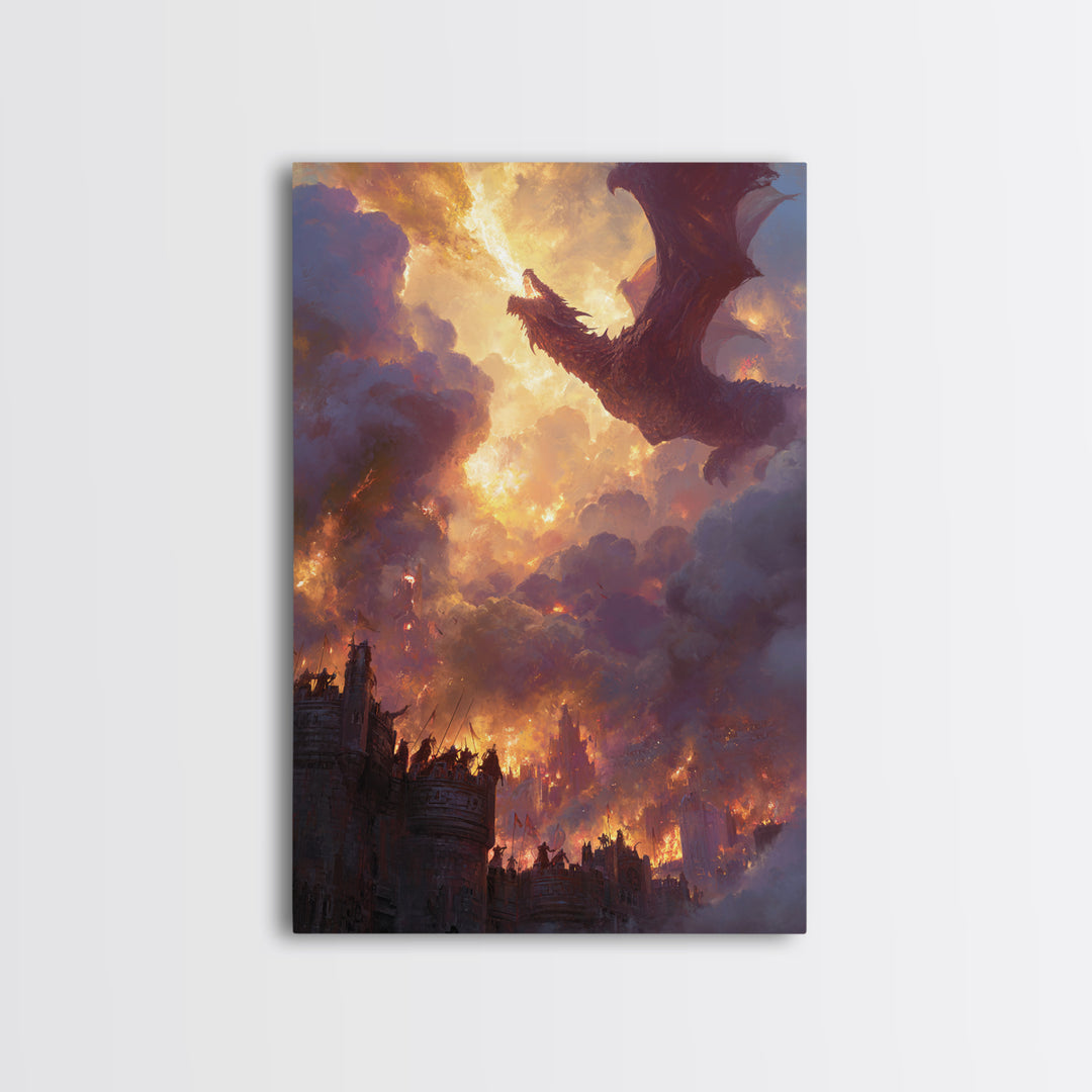 Red Dragon Above Burning Castle Wall Art Epic Fantasy Canvas Print For Gothic Decor Medieval Battle Art And Game Room Wall Decor