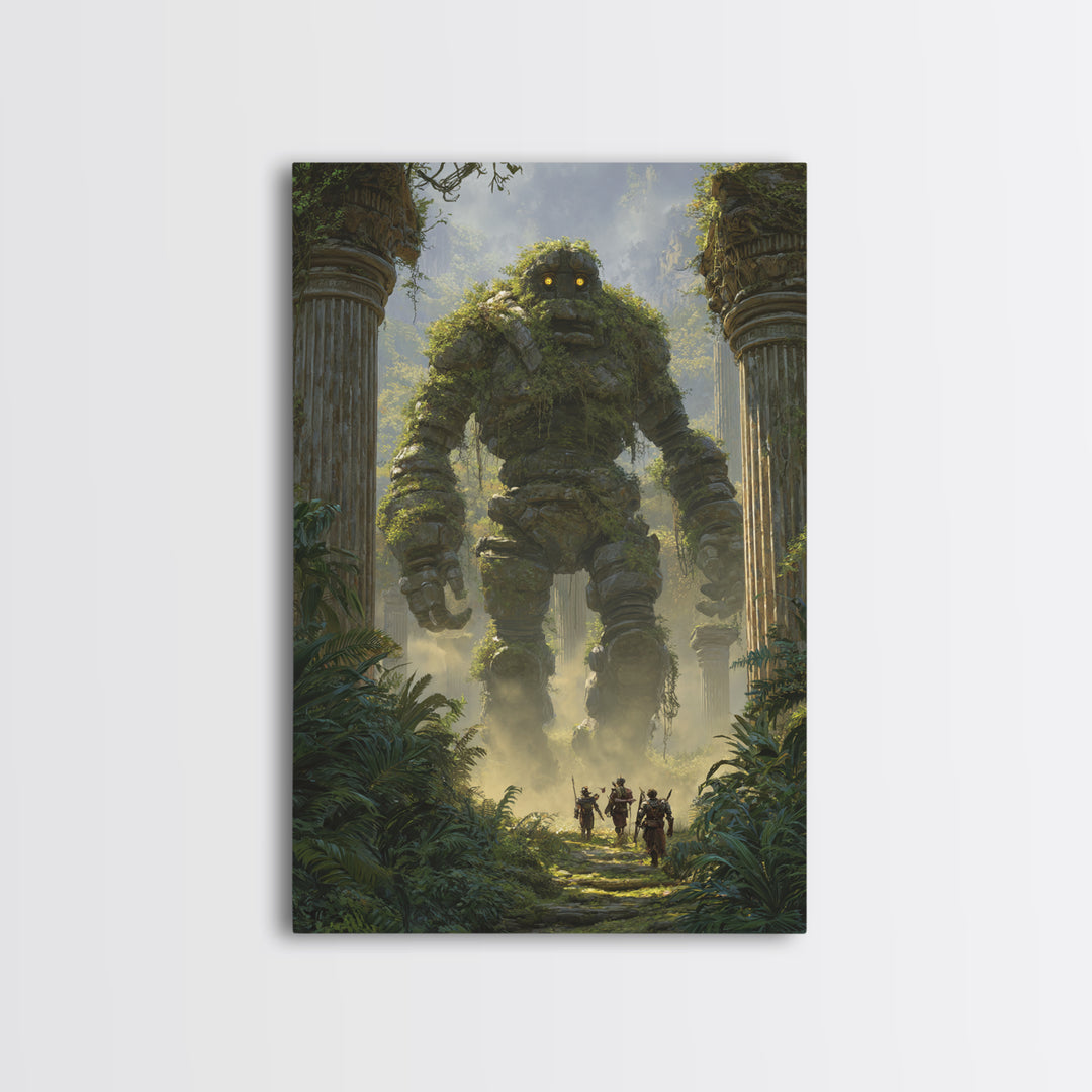Moss Covered Stone Golem In Jungle Ruins Wall Art Fantasy Canvas Print For Nature Decor Adventure Art And Kids Room Wall Decor