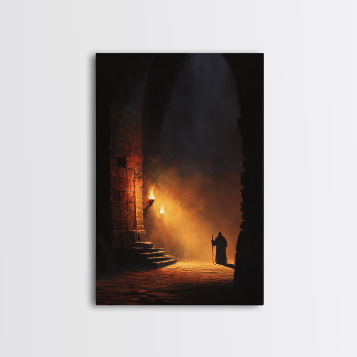 Torchlit Monk In Ancient Stone Arch Wall Art Dark Academia Canvas Print For Gothic Decor Medieval Hallway Art And Office