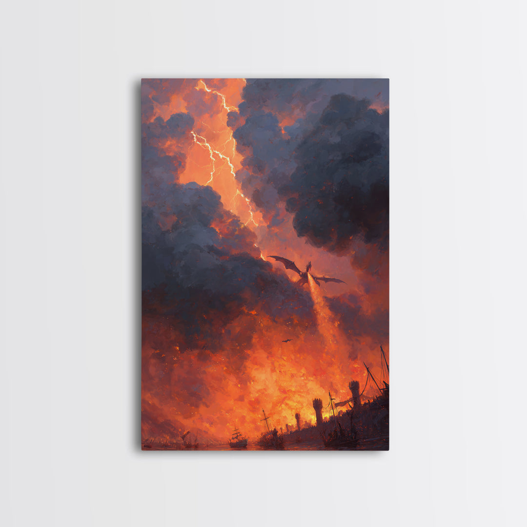 Fire Breathing Dragon Over Burning Battlefield Wall Art Epic Fantasy Canvas Print For Medieval Decor Gothic Game Room Wall Decor