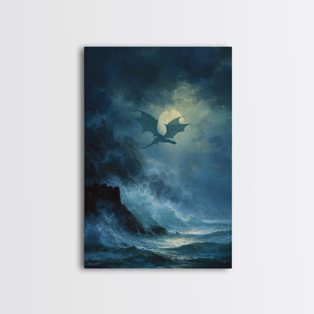 Moonlit Dragon Above Stormy Ocean Wall Art Gothic Seascape Canvas Print For Fantasy Decor Coastal Art And Moody Home Decor Gift For Him