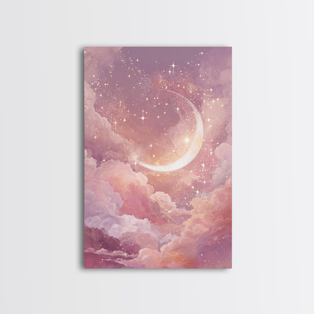Glowing Crescent Moon Among Pink Clouds Wall Art, Celestial Canvas Print, Dreamy Nursery Decor, Whimsical Bedroom Art, Gift For Her