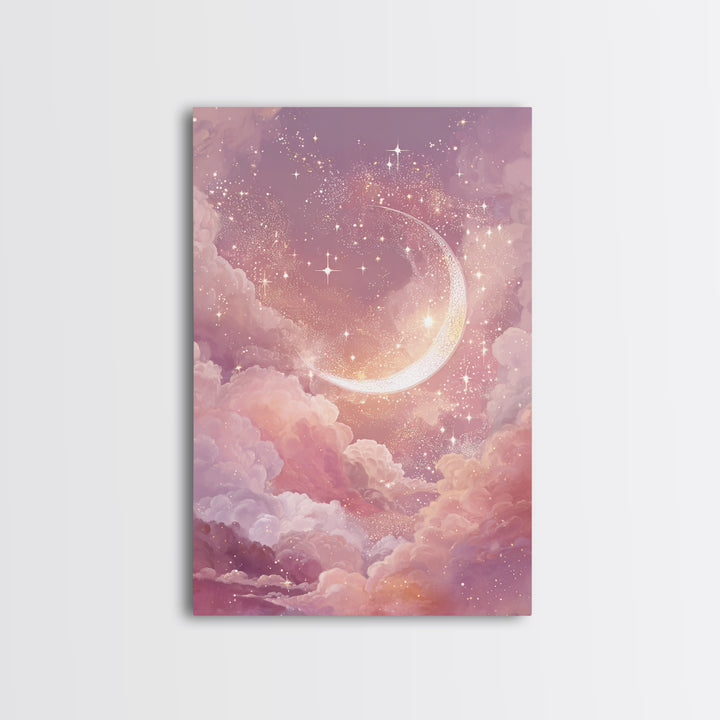 Glowing Crescent Moon Among Pink Clouds Wall Art, Celestial Canvas Print, Dreamy Nursery Decor, Whimsical Bedroom Art, Gift For Her