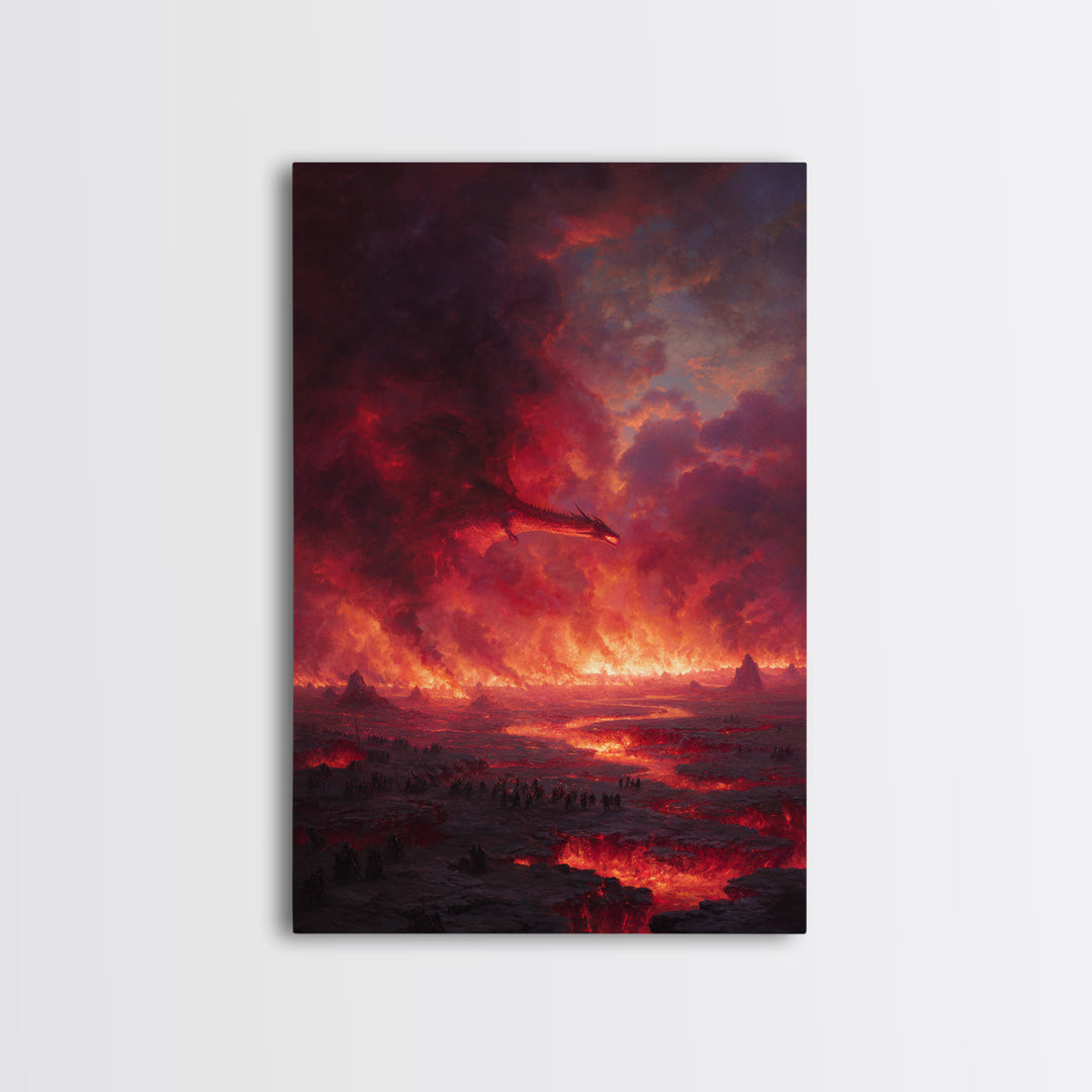 Fiery Dragon Apocalypse Landscape Wall Art, Dark Fantasy Canvas Decor, Gothic Medieval Battle, Large Fantasy Art Print Poster