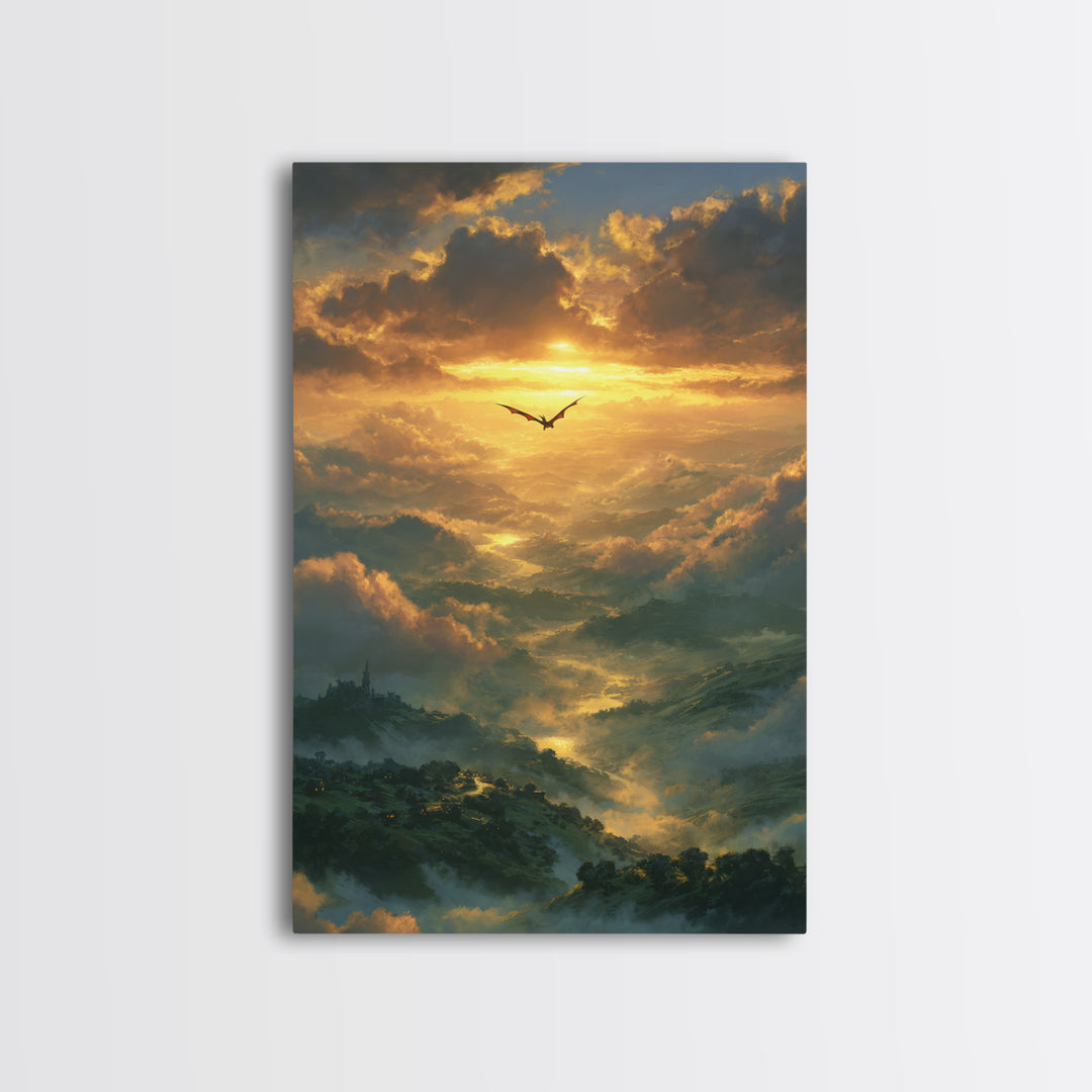 Golden Dragon Above Misty Valley Framed Canvas Print, Fantasy Landscape Wall Decor, Epic Castle Art For Living Room Home Decor