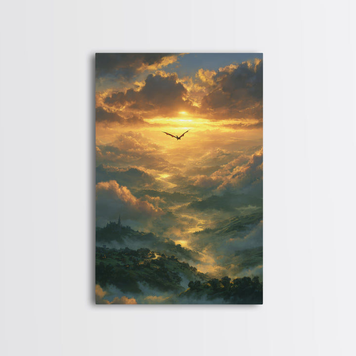 Golden Dragon Above Misty Valley Framed Canvas Print, Fantasy Landscape Wall Decor, Epic Castle Art For Living Room Home Decor