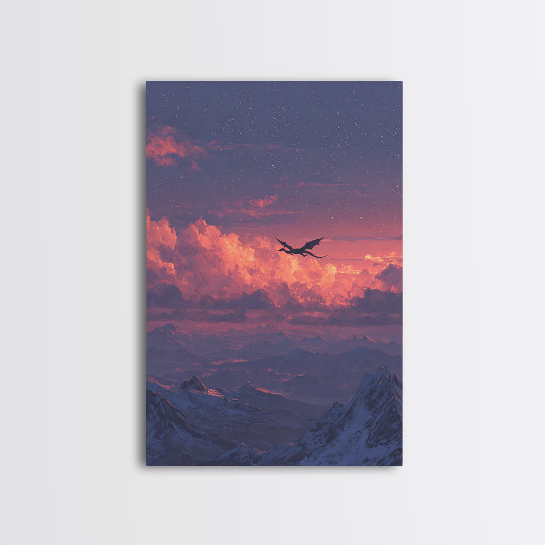 Starry Pink Cloud Dragon Over Snowy Peaks Canvas Print, Fantasy Mountain Wall Art, Dreamy Celestial Bedroom And Nursery Decor