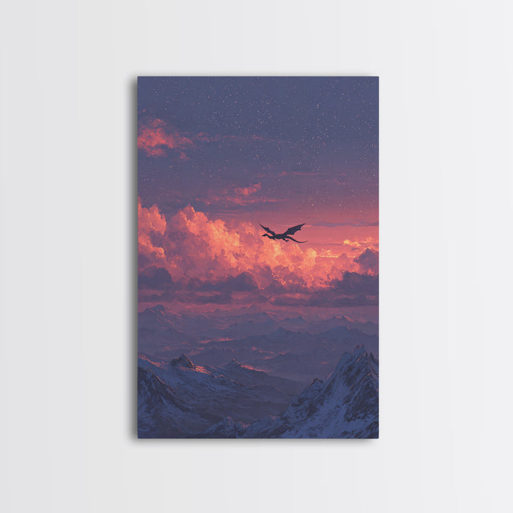 Starry Pink Cloud Dragon Over Snowy Peaks Canvas Print, Fantasy Mountain Wall Art, Dreamy Celestial Bedroom And Nursery Decor