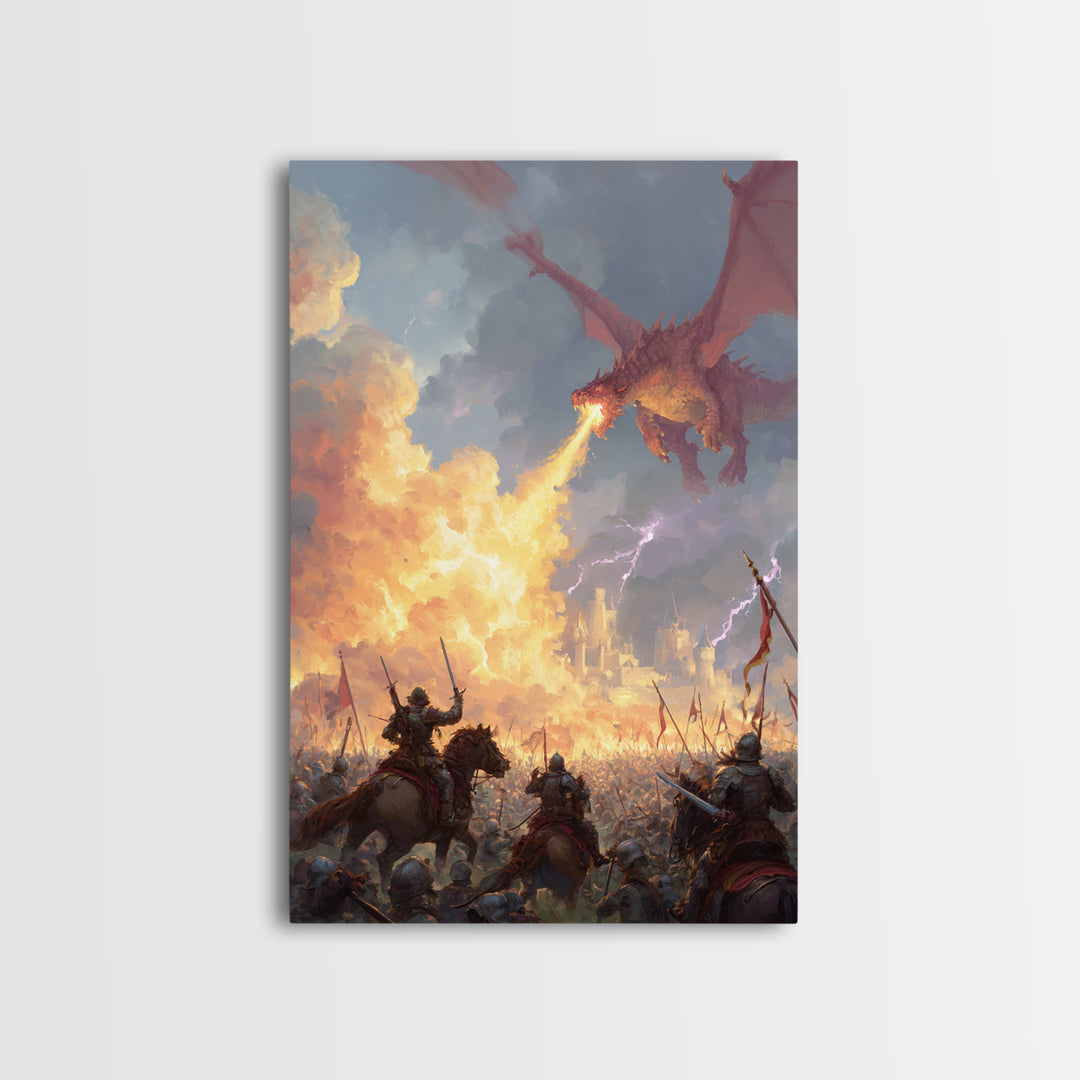 Fire Breathing Dragon Over Medieval Army Wall Art, Epic Fantasy Battle Canvas Decor, Gothic Castle Gift For Him, Man Cave Decor