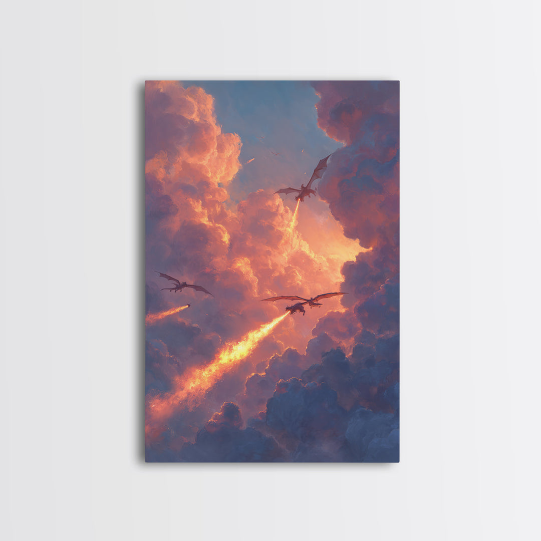 Dragons Breathing Fire Through Sunset Clouds Canvas Print, Fantasy Sky Wall Art, Vibrant Large Statement Living Room Home Decor