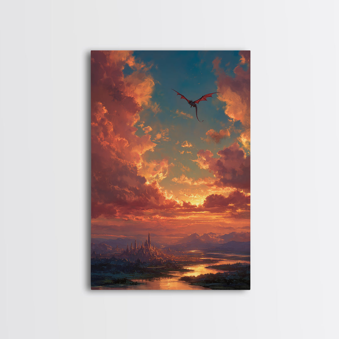 Sunset Dragon Above Spired City Framed Canvas Print, Fantasy Landscape Wall Art, Castle Decor For Living Room, Epic Home Decor