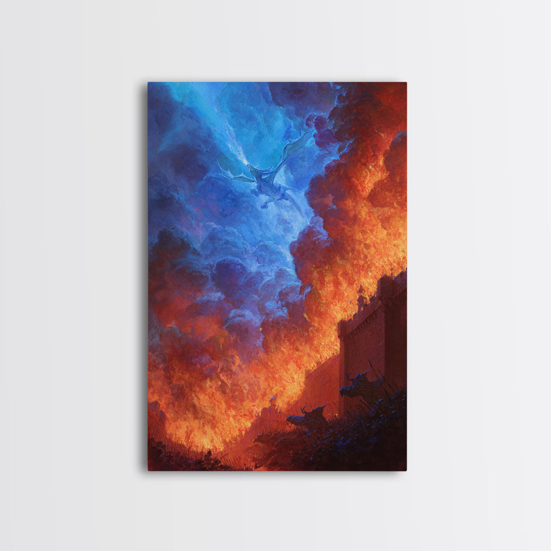 Blue Fire Dragon Siege At Burning Fortress Wall Art, Dark Fantasy Canvas Decor, Gothic Battle Large Art Print Poster For Man Cave