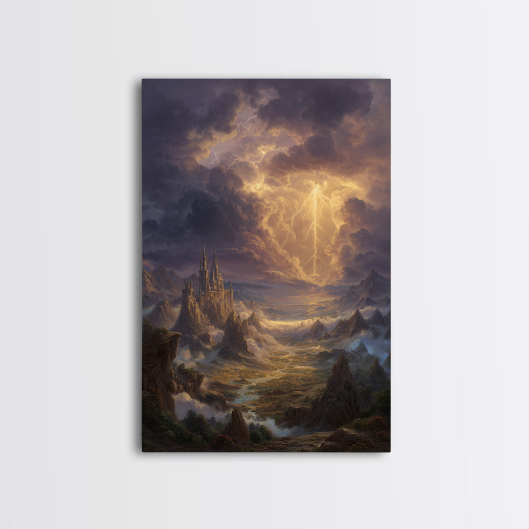 Lightning Storm Over Fantasy Castle Framed Canvas Print, Epic Mountain Landscape Wall Art, Moody Gothic Office Home Decor