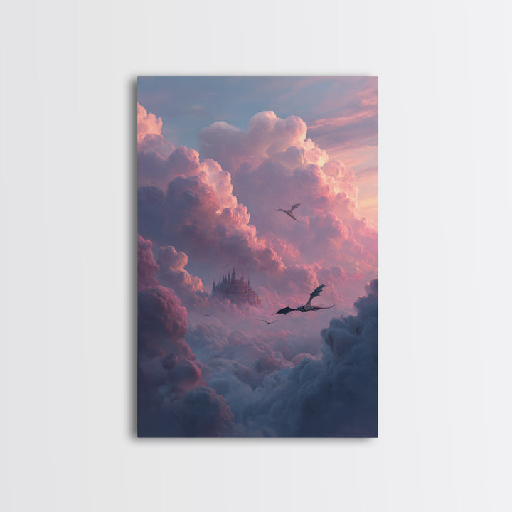 Pink Cloud Castle With Flying Dragons Canvas Print, Dreamy Fantasy Wall Art, Soft Pastel Celestial Nursery And Bedroom Decor