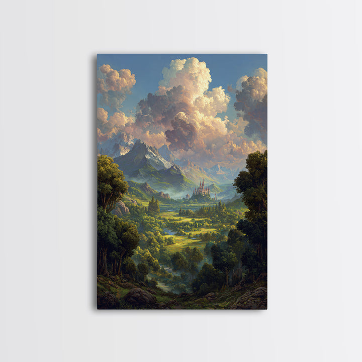 Lush Fantasy Valley With Distant Castle Wall Art, Mountain Landscape Canvas Print, Nature Decor For Living Room, Large Home Decor
