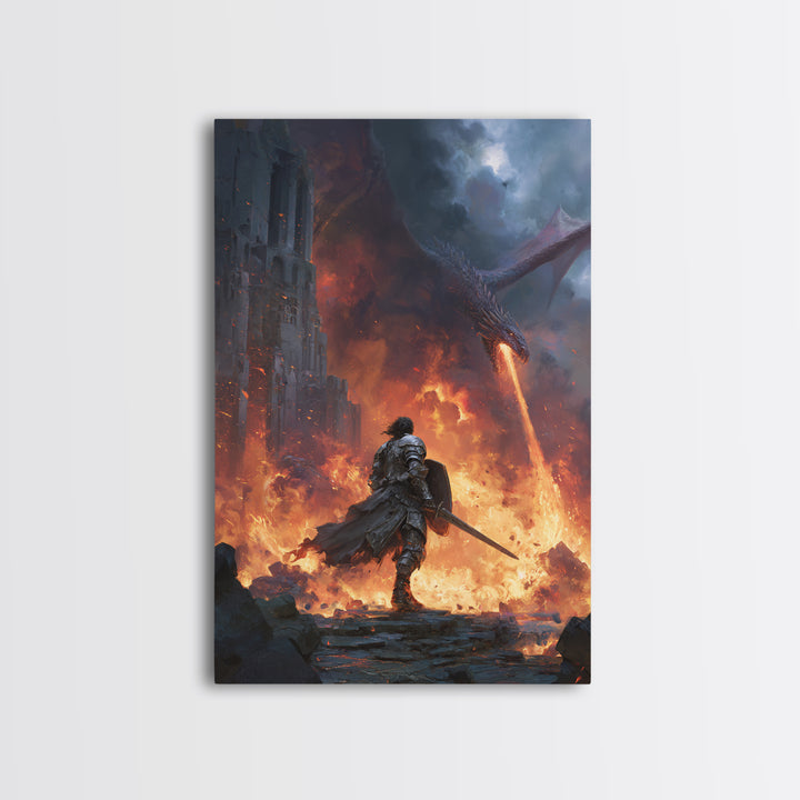 Dragon Battle Knight In Burning Castle Wall Art, Fantasy Warrior Canvas, Dark Medieval Decor, Epic Gothic Gift Print For Him