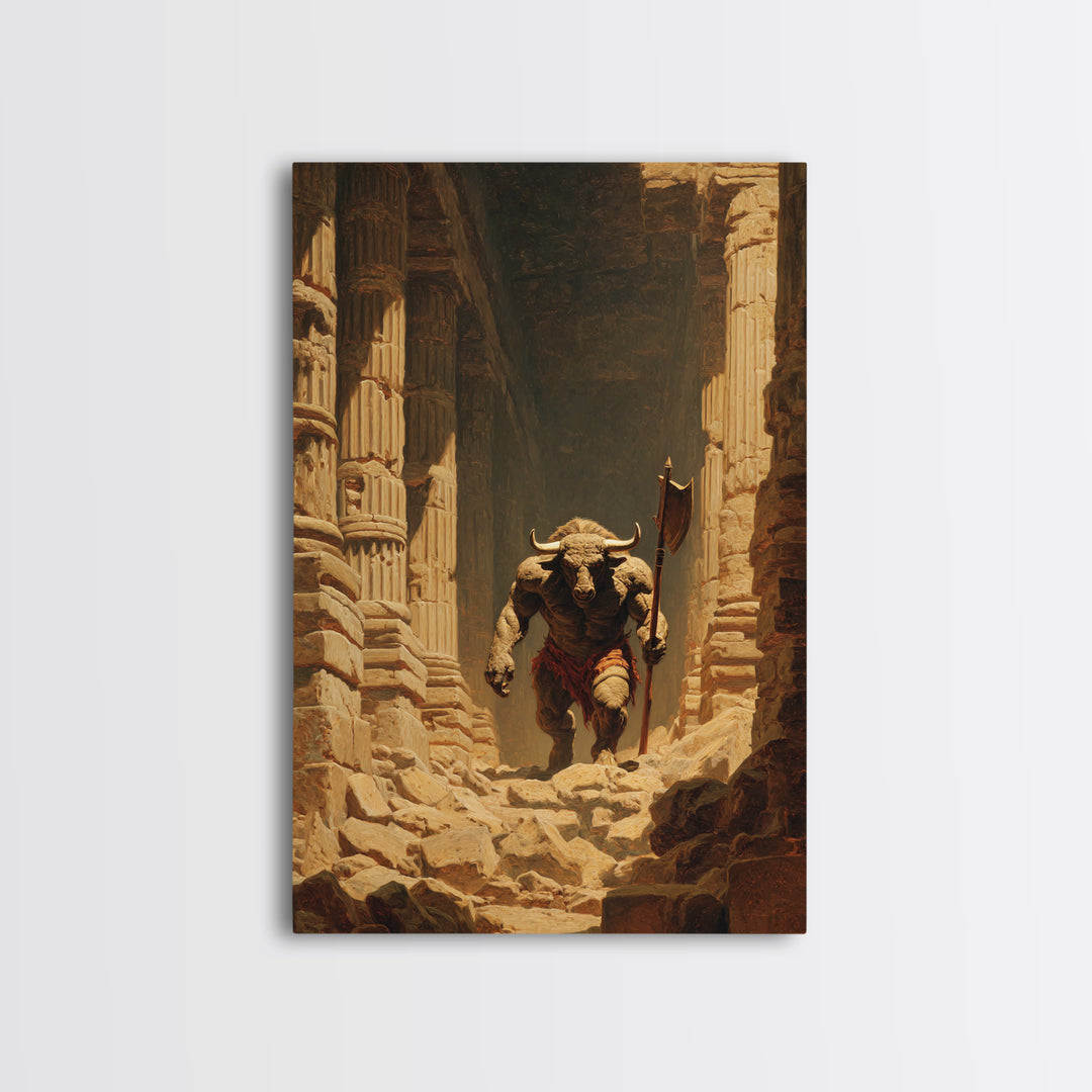 Minotaur In Ancient Ruins Framed Canvas Print, Mythological Art, Dark Fantasy Decor, Greek Myth Wall Decor Gift For Him Home Decor