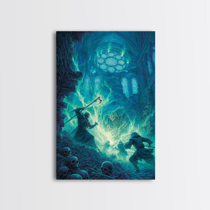 Necromancer In Haunted Cathedral Canvas Print, Dark Fantasy Wall Art, Gothic Magic Decor, Skeleton Horror Gift For Him Print