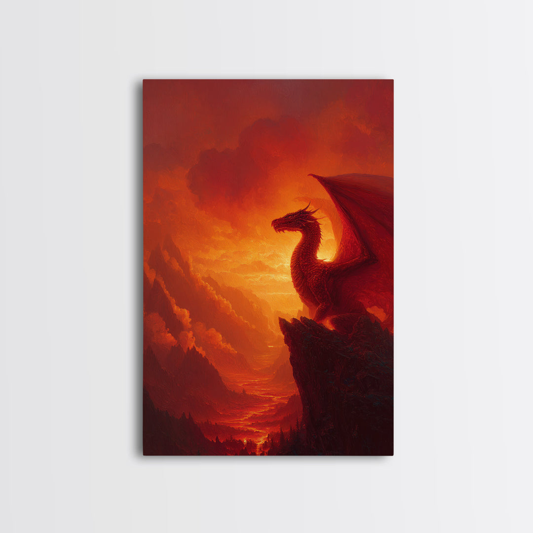 Red Dragon On Mountain Cliff Wall Art, Fantasy Landscape Canvas Print, Sunset Painting, Medieval Castle Decor Gift For Him Home Decor
