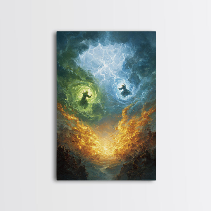 Elemental Wizards In Stormy Sky Wall Art, Fantasy Magic Canvas Print, Lightning Battle, Mystical Decor Gift For Him Home Decor