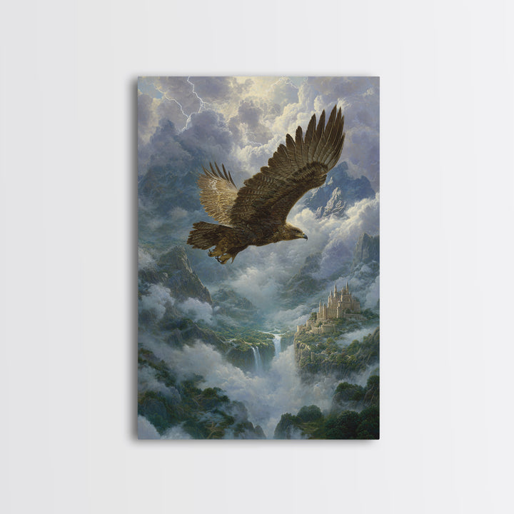 Majestic Eagle Over Misty Mountain Castle Wall Art, Wildlife Landscape Canvas Print, Fantasy Nature Decor Gift For Him Home Decor