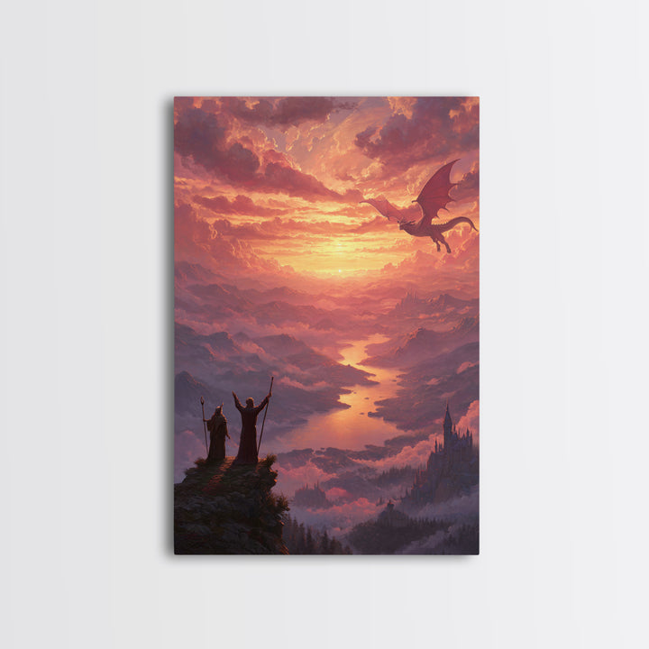Wizards Watching Dragon Over Sunset Valley Wall Art, Fantasy Landscape Canvas Print, Magical Castle Decor Gift For Him Home Decor