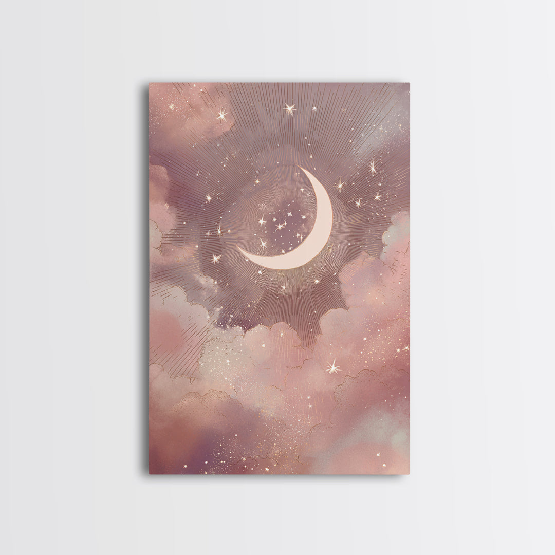 Crescent Moon And Starry Pink Clouds Wall Art, Celestial Canvas Print, Whimsigoth Bedroom Decor, Mystical Nursery Art, Gift For Her