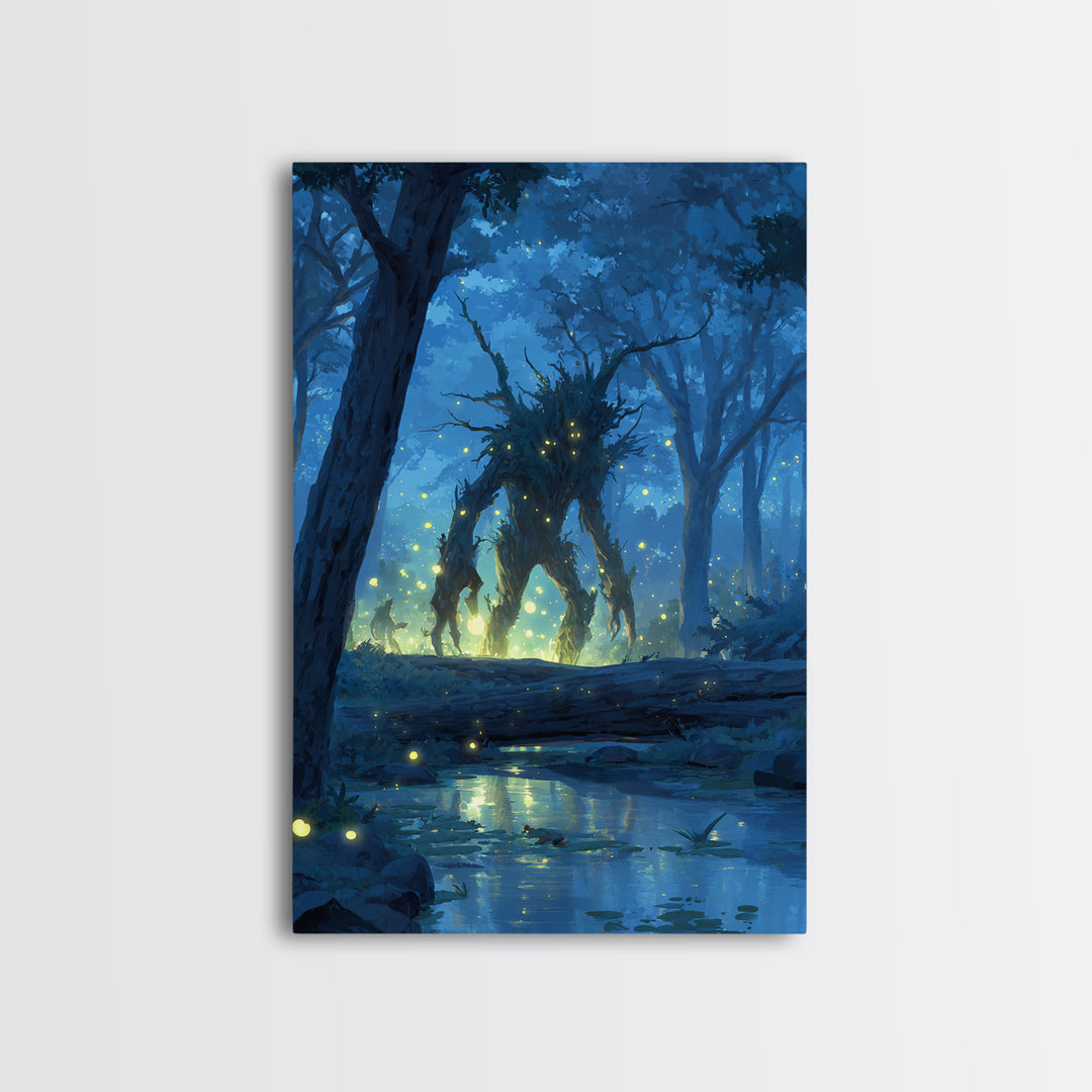 Glowing Forest Spirit At Moonlit Creek Wall Art, Fantasy Forest Canvas, Mystical Woodland Decor, Dark Fairy Tale Art Print